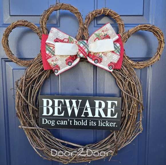 Beware Welcome Holiday Red Truck Paw Wreath